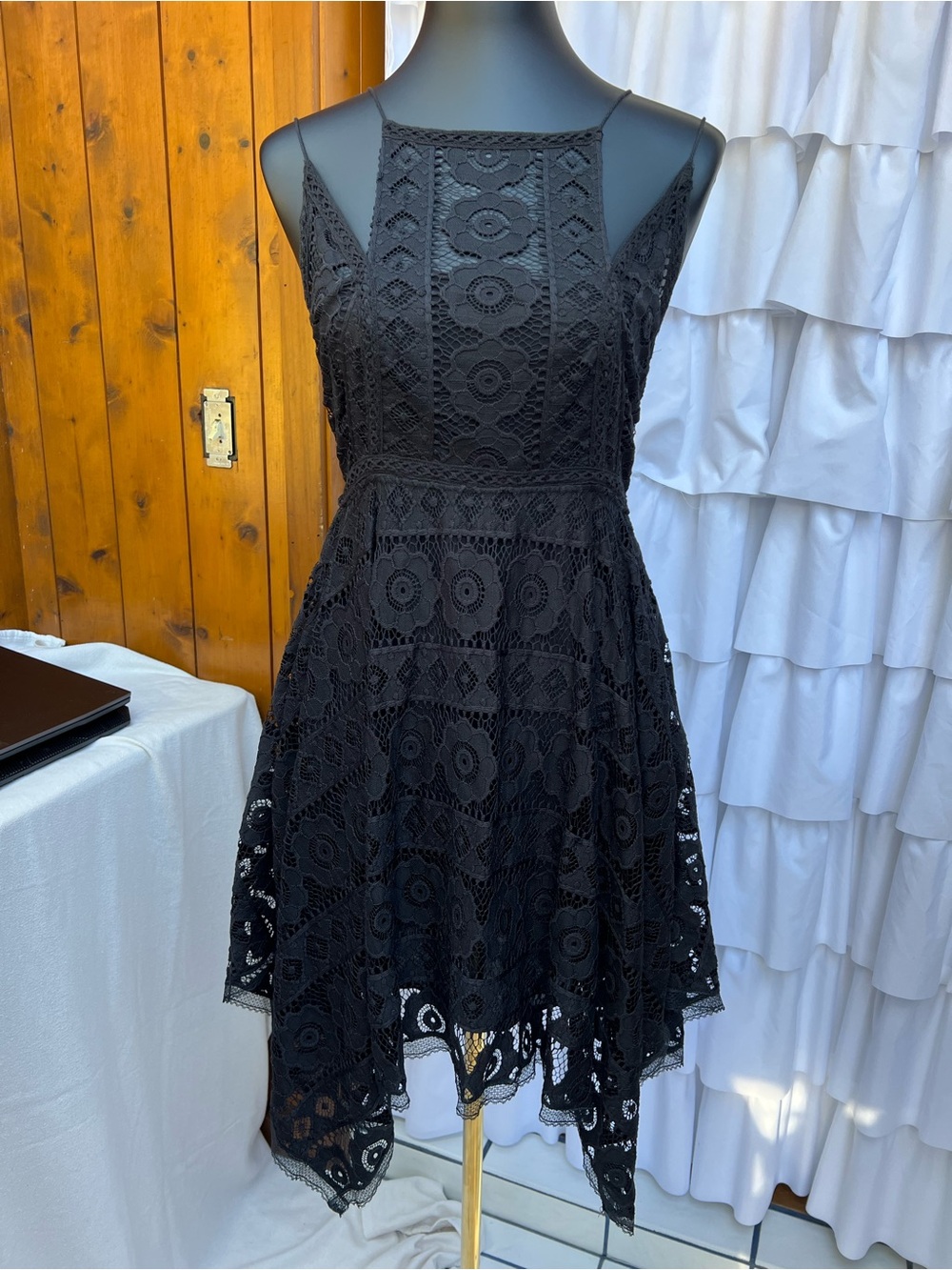 Free People Black Crochet Backless Handkerchief-Hem Dress B1#19